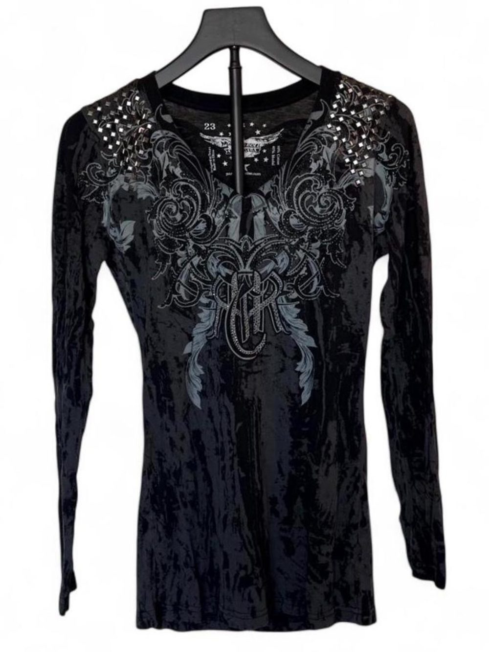 Rock & Roll Cowgirl Black Long-Sleeve V-Neck Top with Silver Studs